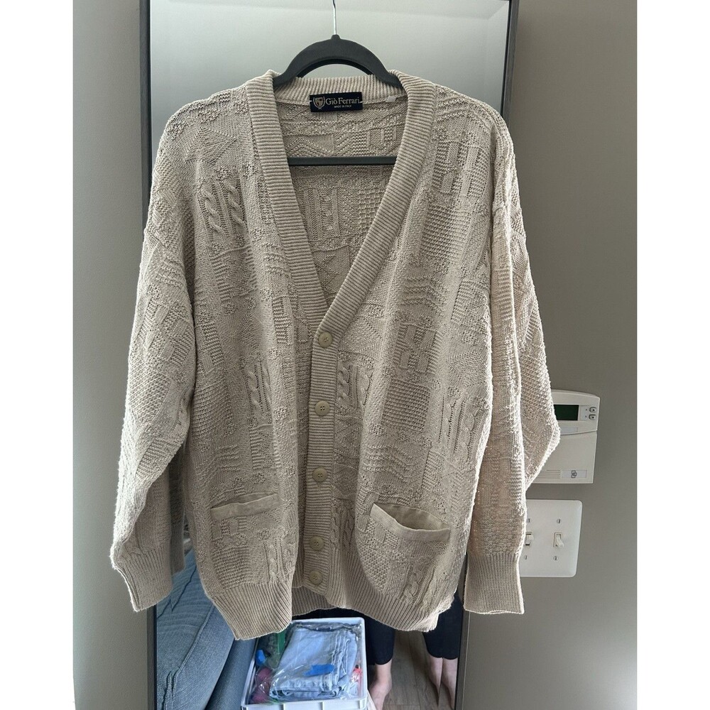 Vintage Giò Ferrari Made in Italy Textured Knit Linen Cotton Cardigan Men’s L